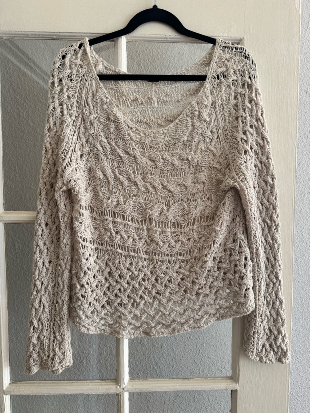 Free People Open-Knit Scoop Neck Sweater in Light Beige